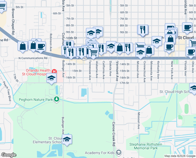 map of restaurants, bars, coffee shops, grocery stores, and more near 1601 Alabama Avenue in St. Cloud