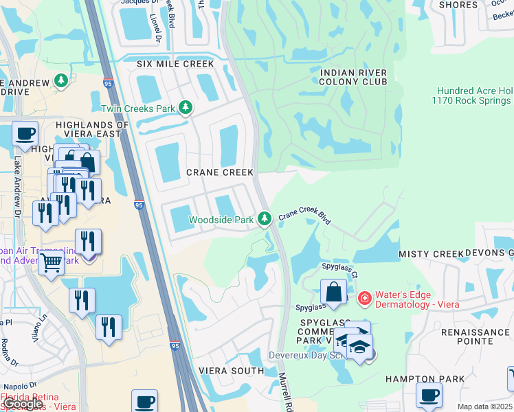 map of restaurants, bars, coffee shops, grocery stores, and more near 925 Deer Run Drive in Melbourne