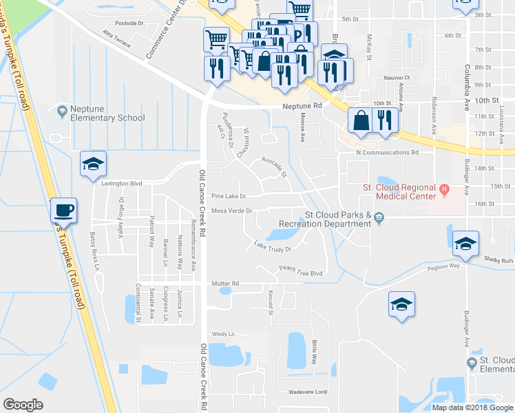 map of restaurants, bars, coffee shops, grocery stores, and more near 4613 Pine Lake Drive in Saint Cloud