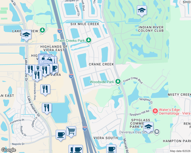 map of restaurants, bars, coffee shops, grocery stores, and more near 1806 Crane Creek Boulevard in Melbourne