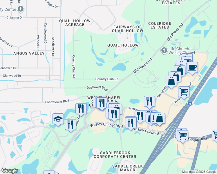 map of restaurants, bars, coffee shops, grocery stores, and more near 6025 Country Club Road in Zephyrhills