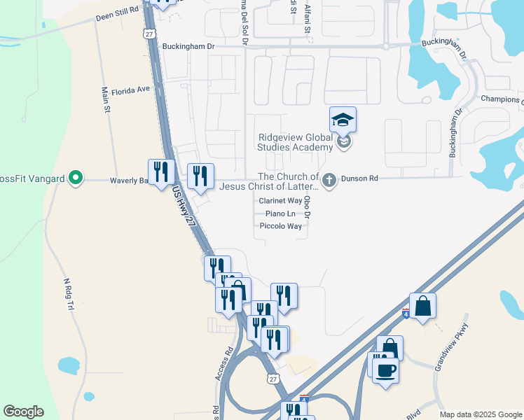 map of restaurants, bars, coffee shops, grocery stores, and more near 207 Clarinet Way in Davenport