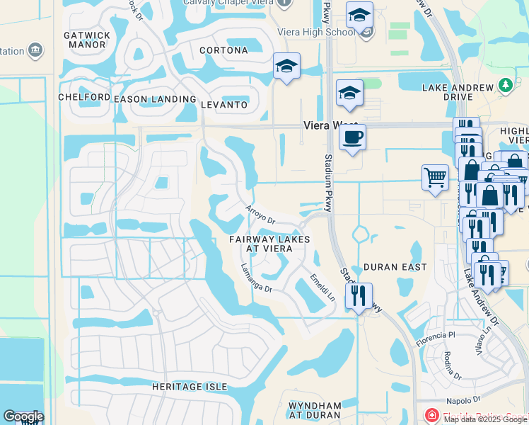 map of restaurants, bars, coffee shops, grocery stores, and more near 6525 Arroyo Drive in Melbourne