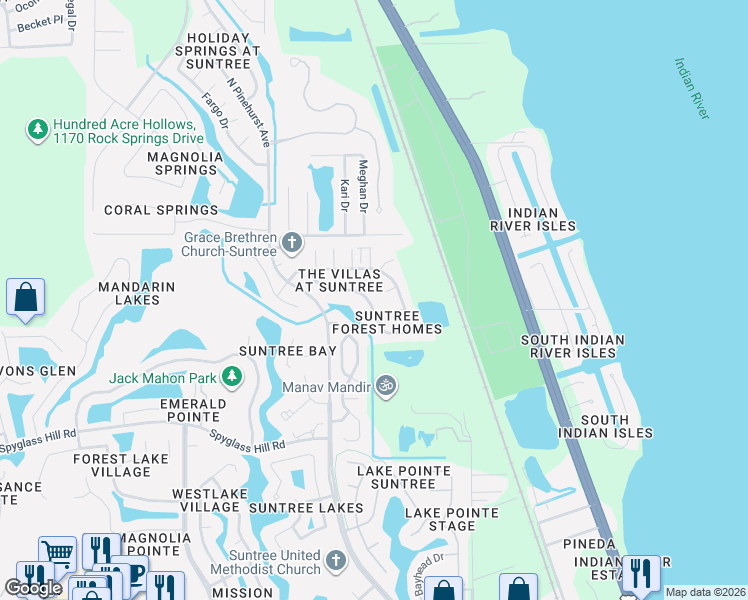 map of restaurants, bars, coffee shops, grocery stores, and more near 1000 Villa Drive in Melbourne