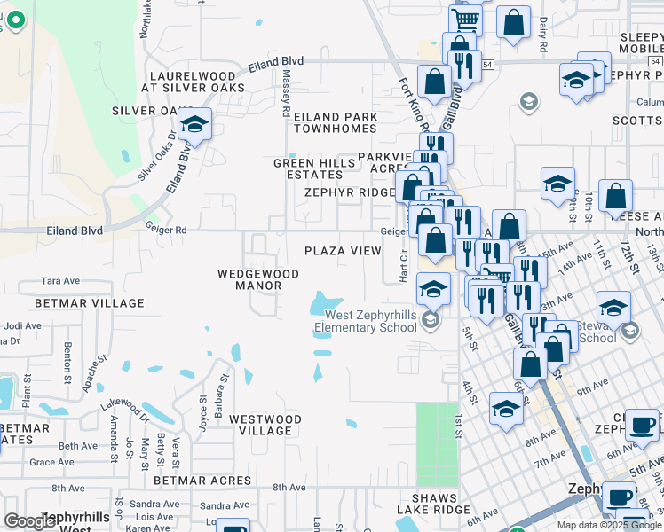 map of restaurants, bars, coffee shops, grocery stores, and more near 5907 Plaza View Drive in Zephyrhills