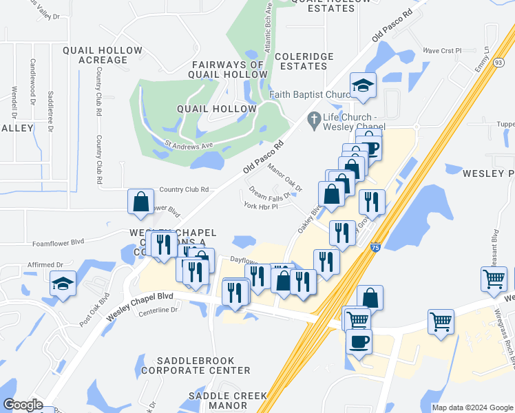 map of restaurants, bars, coffee shops, grocery stores, and more near 5700-6090 Old Pasco Road in Wesley Chapel