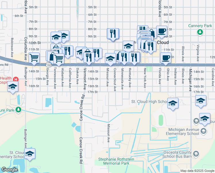 map of restaurants, bars, coffee shops, grocery stores, and more near 1600 Missouri Avenue in Saint Cloud