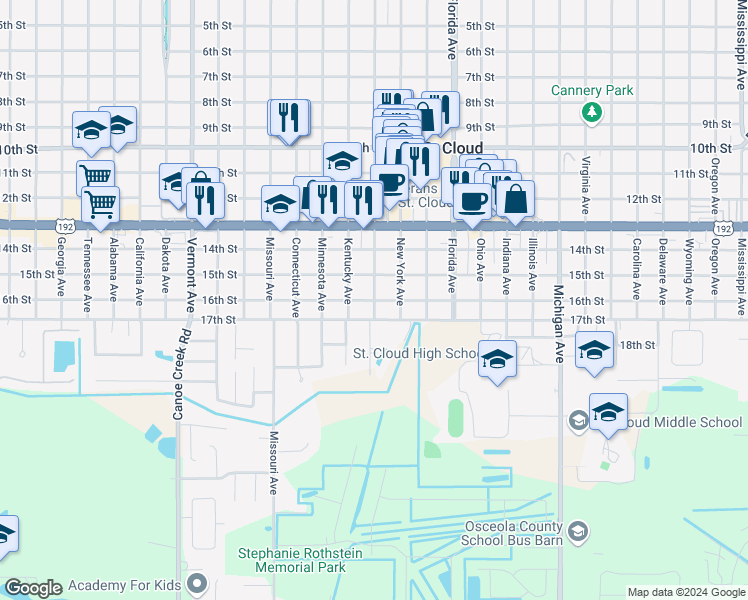 map of restaurants, bars, coffee shops, grocery stores, and more near 1600 Massachusetts Avenue in Saint Cloud