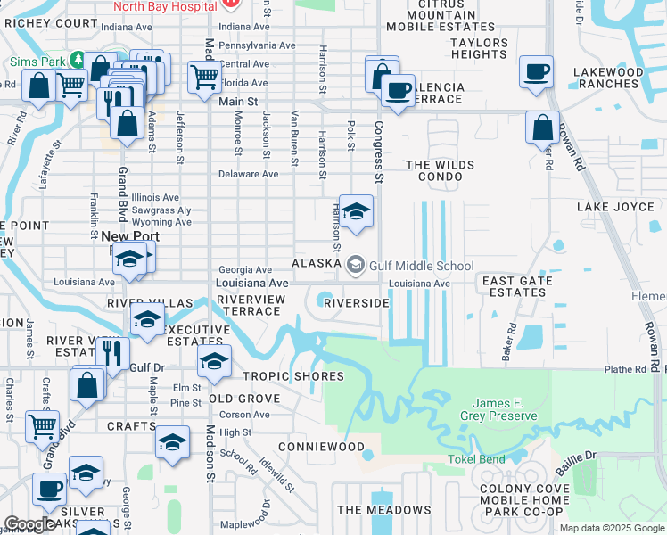 map of restaurants, bars, coffee shops, grocery stores, and more near 6321 Alaska Avenue in New Port Richey