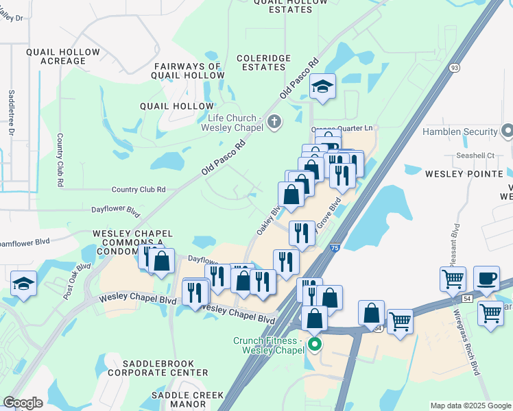 map of restaurants, bars, coffee shops, grocery stores, and more near 5921 Oakley Boulevard in Wesley Chapel