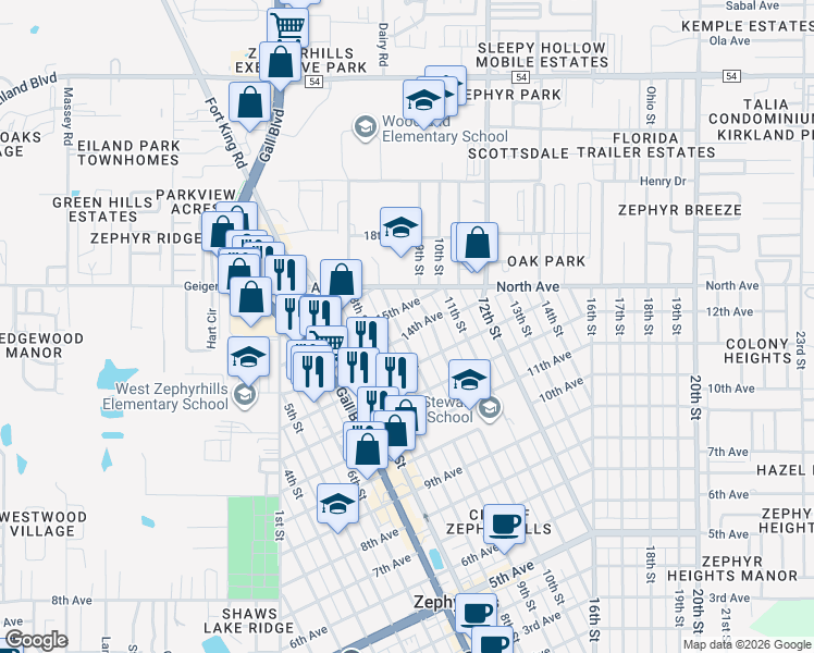 map of restaurants, bars, coffee shops, grocery stores, and more near 5912 9th Street in Zephyrhills
