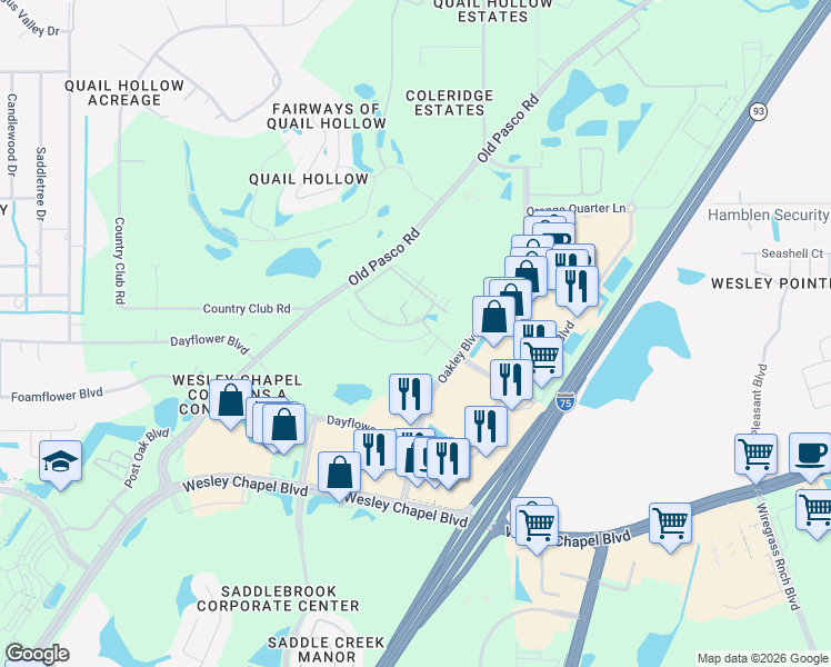 map of restaurants, bars, coffee shops, grocery stores, and more near 5921 Oakley Boulevard in Wesley Chapel