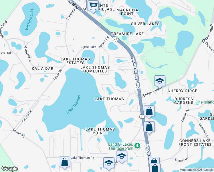 map of restaurants, bars, coffee shops, grocery stores, and more near 21203 Marsh Hawk Drive in Land O' Lakes