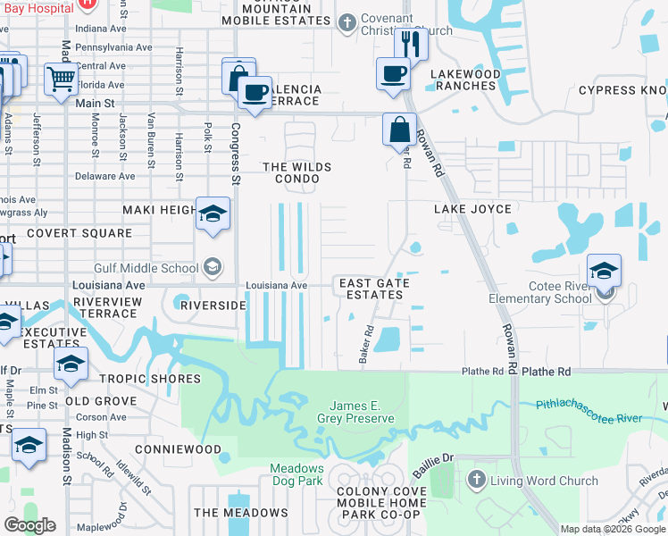 map of restaurants, bars, coffee shops, grocery stores, and more near 6746 Cranberry Drive in New Port Richey