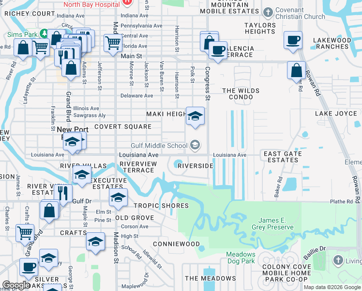 map of restaurants, bars, coffee shops, grocery stores, and more near 6321 Alaska Avenue in New Port Richey