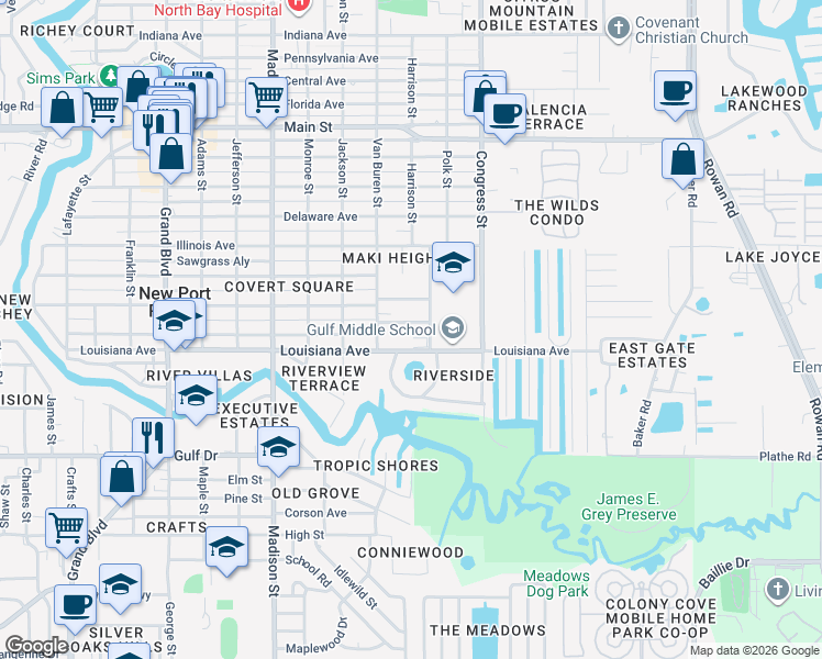 map of restaurants, bars, coffee shops, grocery stores, and more near 6321 Alaska Avenue in New Port Richey