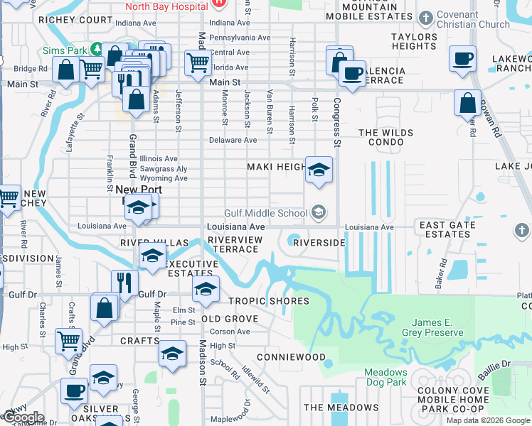 map of restaurants, bars, coffee shops, grocery stores, and more near 5809 Van Buren Street in New Port Richey