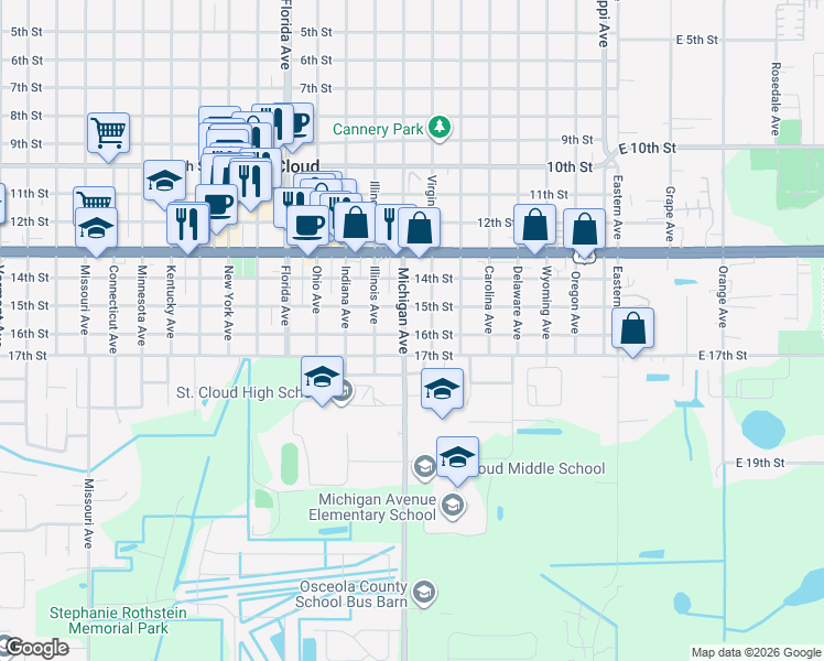 map of restaurants, bars, coffee shops, grocery stores, and more near 1521 Michigan Avenue in Saint Cloud