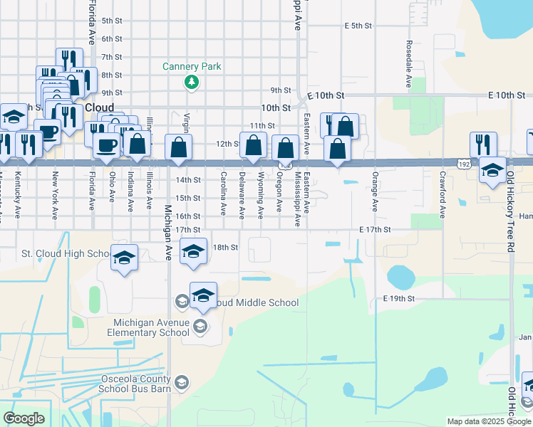 map of restaurants, bars, coffee shops, grocery stores, and more near 1517 Wyoming Avenue in Saint Cloud