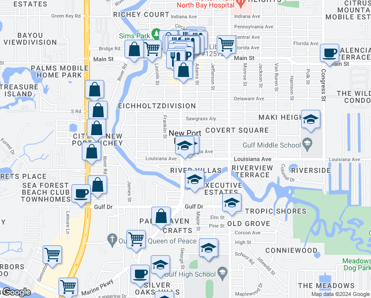 map of restaurants, bars, coffee shops, grocery stores, and more near 5770 Grand Boulevard in New Port Richey