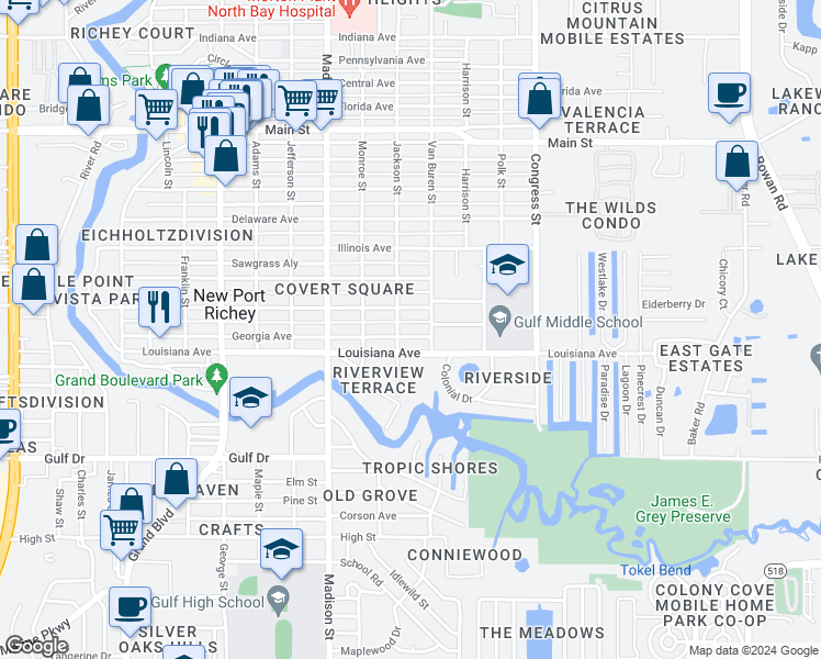 map of restaurants, bars, coffee shops, grocery stores, and more near 5809 Van Buren Street in New Port Richey