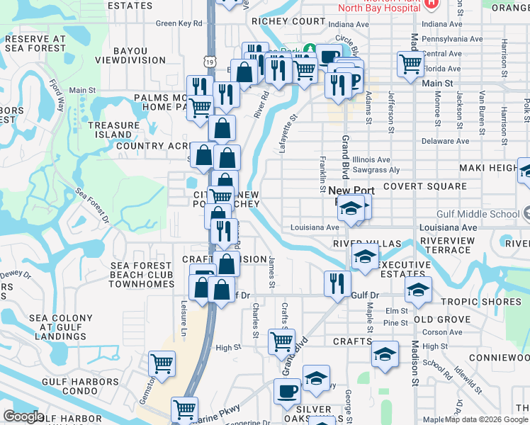 map of restaurants, bars, coffee shops, grocery stores, and more near 5827 Rio Drive in Port Richey