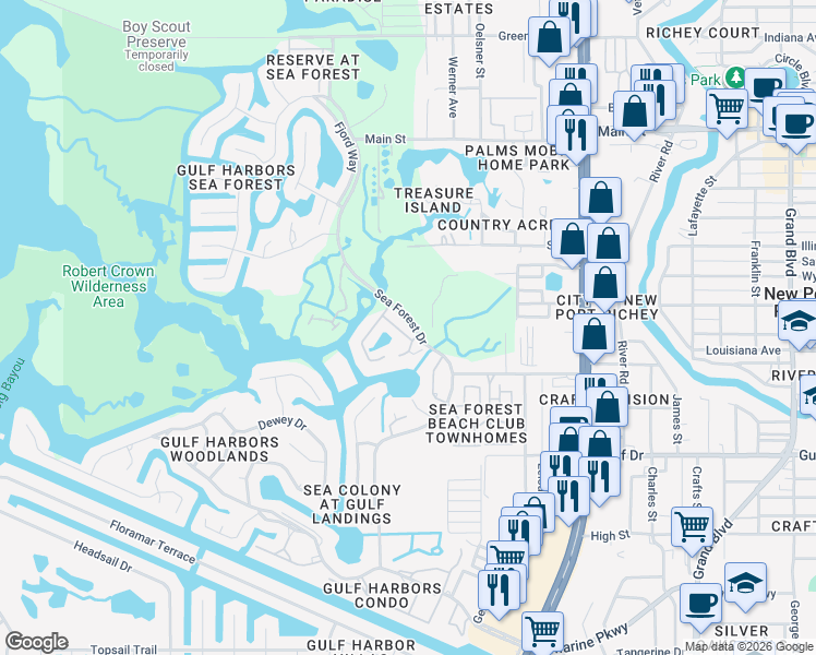 map of restaurants, bars, coffee shops, grocery stores, and more near 5852 Sea Forest Drive in New Port Richey