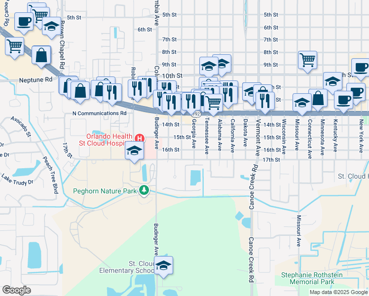 map of restaurants, bars, coffee shops, grocery stores, and more near 1521 Louisiana Avenue in St. Cloud