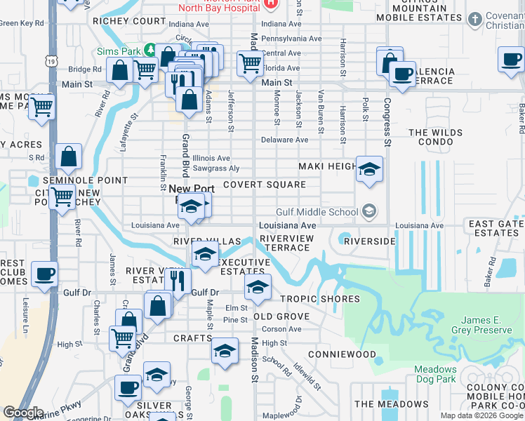 map of restaurants, bars, coffee shops, grocery stores, and more near 5821 Monroe Street in New Port Richey