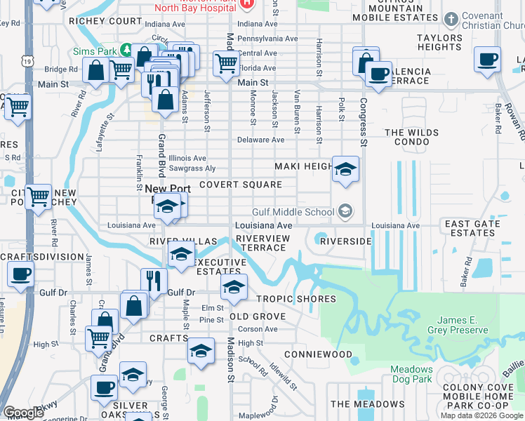 map of restaurants, bars, coffee shops, grocery stores, and more near 6115 Georgia Avenue in New Port Richey