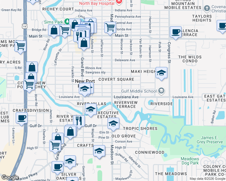 map of restaurants, bars, coffee shops, grocery stores, and more near 5938 Tennessee Avenue in New Port Richey