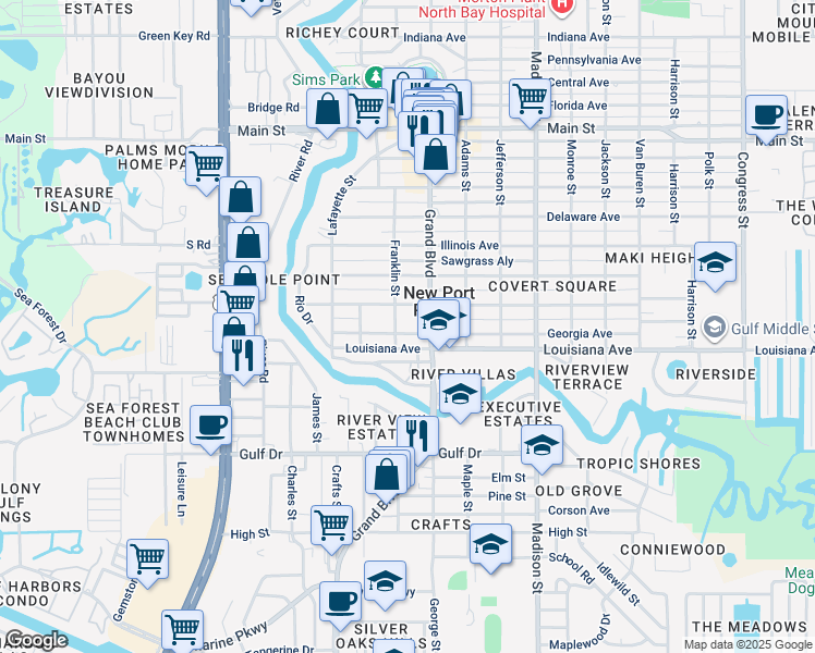 map of restaurants, bars, coffee shops, grocery stores, and more near 5653 Georgia Avenue in New Port Richey