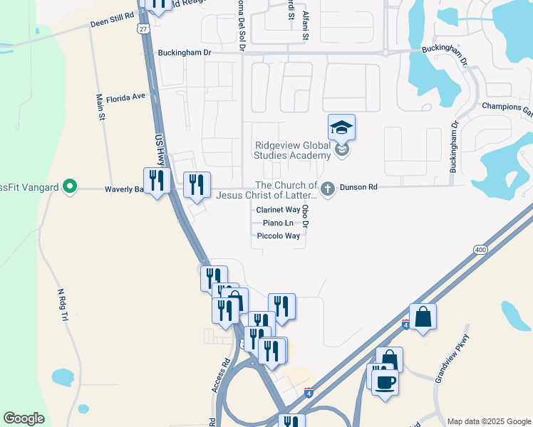 map of restaurants, bars, coffee shops, grocery stores, and more near 155 Clarinet Way in Davenport