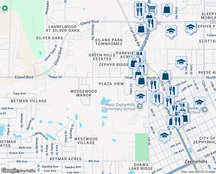 map of restaurants, bars, coffee shops, grocery stores, and more near 5907 Plaza View Drive in Zephyrhills