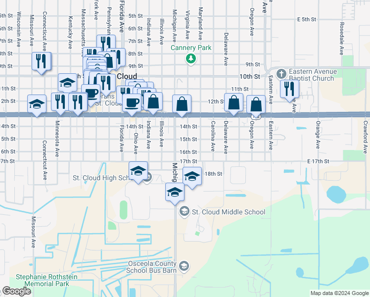 map of restaurants, bars, coffee shops, grocery stores, and more near 1512 Virginia Avenue in Saint Cloud