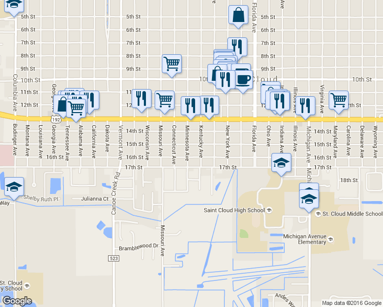 map of restaurants, bars, coffee shops, grocery stores, and more near 1521 Minnesota Avenue in Saint Cloud