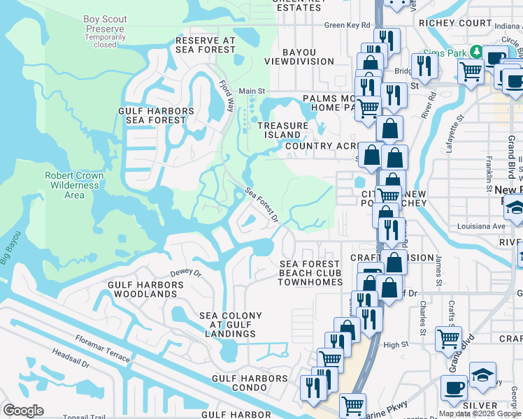 map of restaurants, bars, coffee shops, grocery stores, and more near 5809 Elisabethan Lane in New Port Richey
