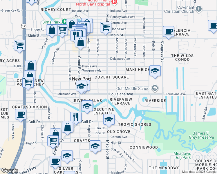 map of restaurants, bars, coffee shops, grocery stores, and more near 5938 Tennessee Avenue in New Port Richey