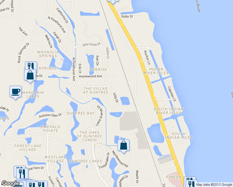 map of restaurants, bars, coffee shops, grocery stores, and more near 975 Villa Drive in Melbourne