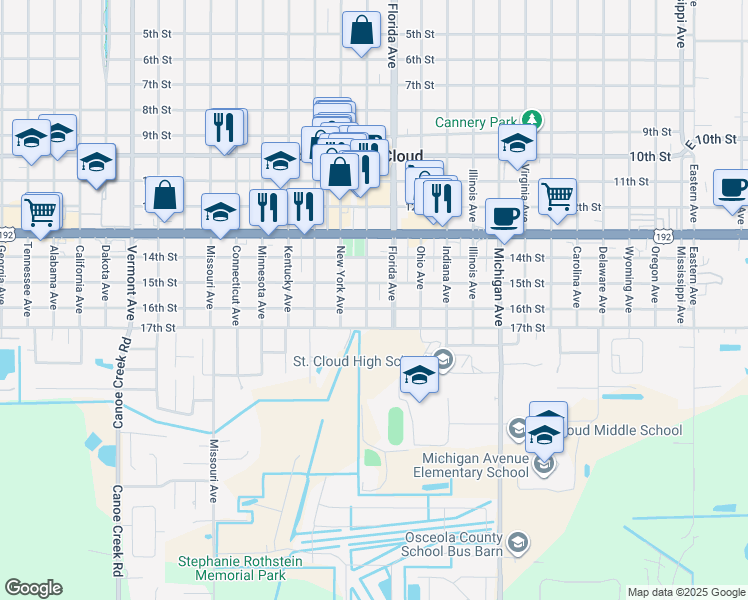 map of restaurants, bars, coffee shops, grocery stores, and more near 1517 Pennsylvania Avenue in Saint Cloud