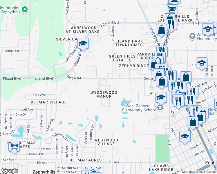 map of restaurants, bars, coffee shops, grocery stores, and more near 5915 Yorkshire Drive in Zephyrhills