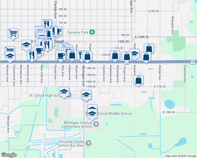 map of restaurants, bars, coffee shops, grocery stores, and more near 1519 Maryland Avenue in Saint Cloud