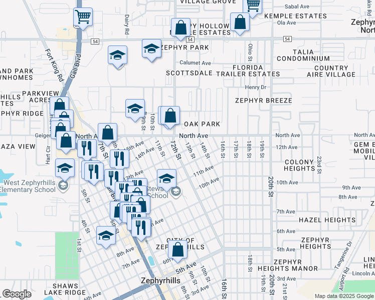 map of restaurants, bars, coffee shops, grocery stores, and more near 38532 13th Avenue in Zephyrhills