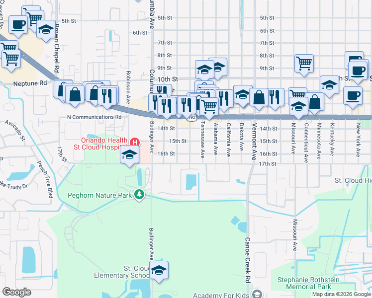 map of restaurants, bars, coffee shops, grocery stores, and more near 1512 Georgia Avenue in St. Cloud