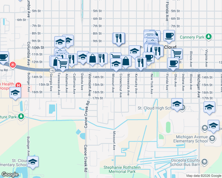 map of restaurants, bars, coffee shops, grocery stores, and more near 1516 Missouri Ave in St Cloud