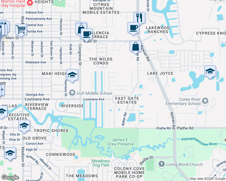 map of restaurants, bars, coffee shops, grocery stores, and more near 6746 Cranberry Drive in New Port Richey