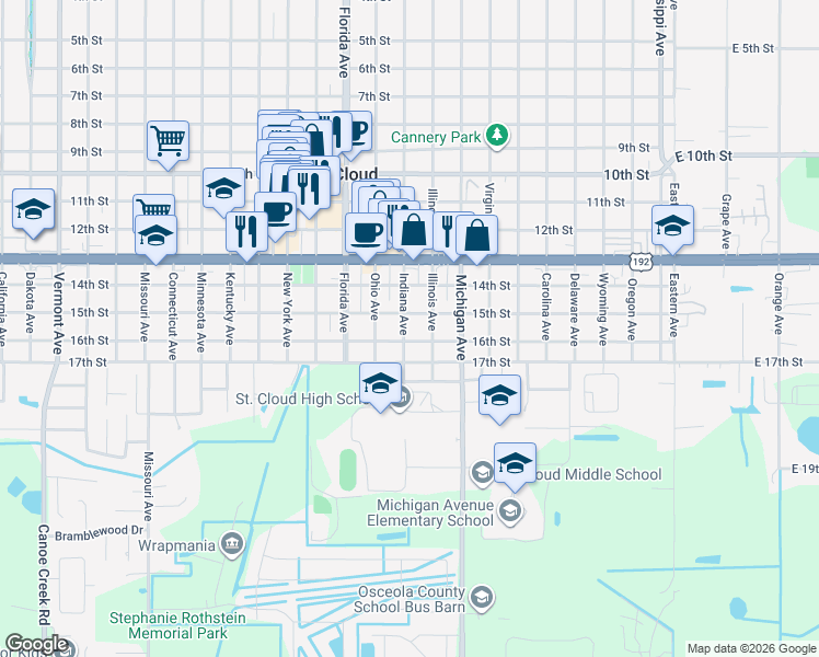 map of restaurants, bars, coffee shops, grocery stores, and more near 1515 Indiana Avenue in St. Cloud