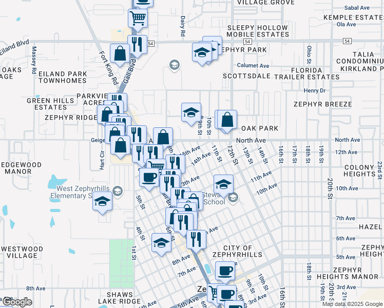 map of restaurants, bars, coffee shops, grocery stores, and more near 38252 15th Avenue in Zephyrhills