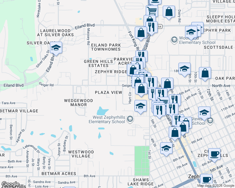 map of restaurants, bars, coffee shops, grocery stores, and more near 5914 Wilson Drive in Zephyrhills