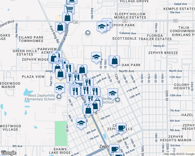 map of restaurants, bars, coffee shops, grocery stores, and more near 5904 9th Street in Zephyrhills